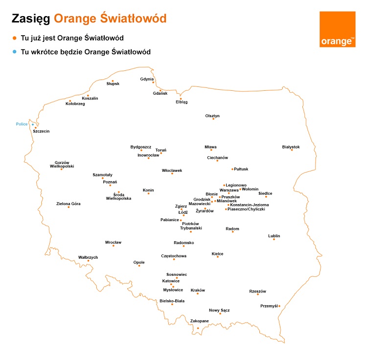 Mapka z zaznaczonymi miastami, gdzie Orange najaktywniej inwestuje w Światłowód.