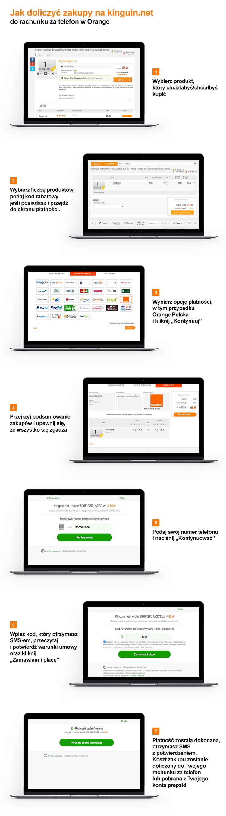 Jak doliczyć zakupy na kinguin.net do rachunku za telefon w Orange.  Krok 1: Wybierz produkt, który chciałabyś/chciałbyś kupić.  Krok 2: Wybierz liczbę produktów, podaj kod rabatowy i przejdź do ekranu płatności Krok 3: Wybierz opcję płatności, w tym przypadku Orange Polska i kliknij "kontynuuj"  Krok 4: Przejrzyj podsumowanie zakupów i upewnij się, że wszystko sie zgadza.  Krok 5: Podaj swój numer telefonu i naciśnij przycisk "kontynuować"  Krok 6: Wpisz kod, który otrzymasz SMS-em, potwierdź, że przeczytałeś/aś warunki umowy i kliknij "Zamawiam i płacę" Krok 7: Płatność została dokonana, otrzymasz SMS z potwierdzeniem. Koszt zakupu zostanie doliczony do Twojego rachunku za telefon lub pobrana z Twojego konta prepaid. 