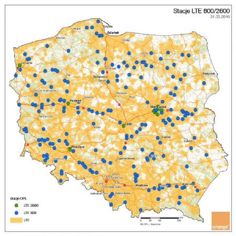 Zasięg sieci 4G LTE Orange Polska oraz miejsca, w których znajdują się stacje bazowe korzystające z częstotliwości 800/2600 MHz