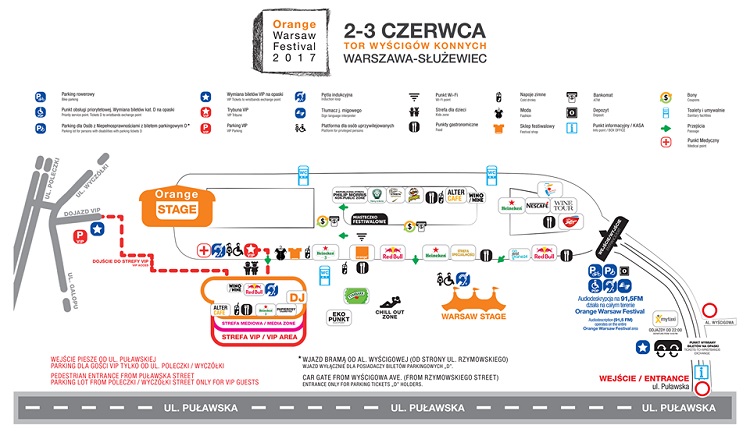 Plan Orange Warsaw Festival z zaznaczoną Orange Strefą na środku festiwalegowego pola pomiędzy Orange Stage a Warsaw Stage