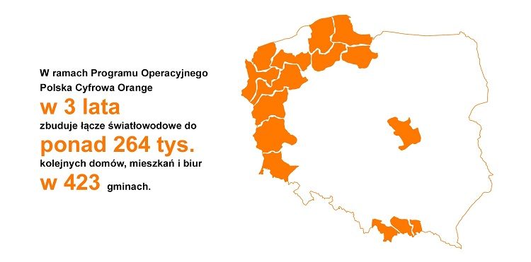 Mapa obszarów w Polsce północno-zachodniej, południowej i centralnej, gdzie Orange w ramach POPC rozbudowywać będzie sieć światłowodową