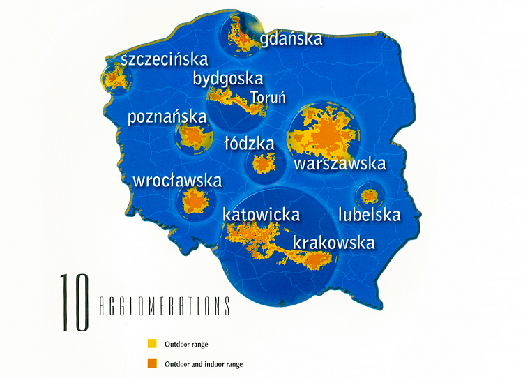Mapa zasięgu sieci IDEA na początku istnienia obejmująca 10 aglomeracji - szczecińską, gdańską, bydgoską, toruńską, warszawską, wrocławską, katowicką, krakowską i łódzką oraz lubelską. 