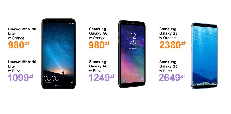 Huawei Mate 10 Lite, Samsung Galaxy A6, Samsung Galaxy S8 w Orange i Play - porównanie cen