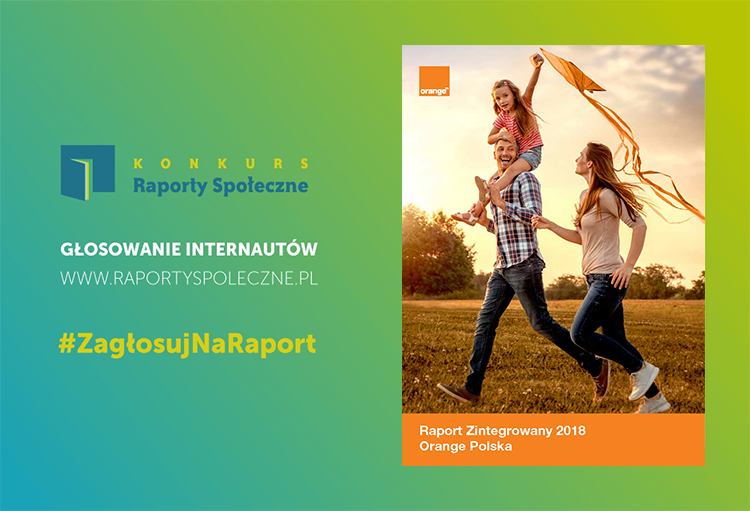 Baner konkursu raporty społeczne z napisem - zagłosuj na nasz raport i okładką Raportu Zintegrowanego Orange Polska 