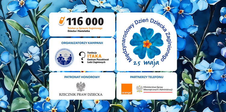 numer 116 000, logo Fundacji Itaka, Rzecznika Praw Dziecka, firmy Orange i symbol niezapominajki 